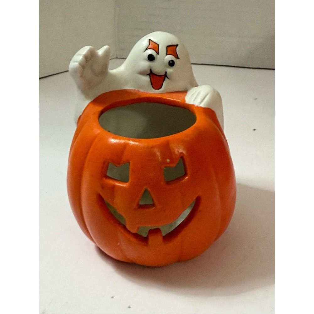 Ceramic Halloween Ghost in Jack-O-Lantern Votive Candle Holder Orange White 4"